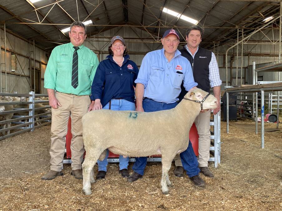 Nutrien's Tim Woodham, Valma's Caroline and Andrew McLauchlan and Webb and Woodiwiss' Mark Webb with the top-priced Valma Poll Dorset and White Suffolk stud ram, a Poll Dorset.