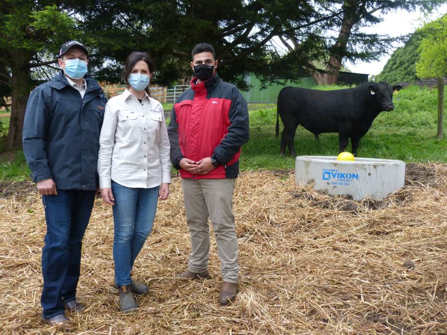 FIRST BULL SALE: Bowman Angus principal Glenn Bowman, Crystal Brook, Neerim South, with Anna Lord, Heyfield, and Elders agent and auctioneer Ryan Bajada and the top-priced $10,500 bull.