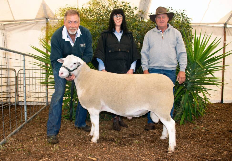 David and Michelle Pipkorn, Detpa Grove stud, Jeparit, with the equal top-priced ram at $32,000, purchased by Roger Wilkinson, Camborn stud, Pooncarie, NSW. 