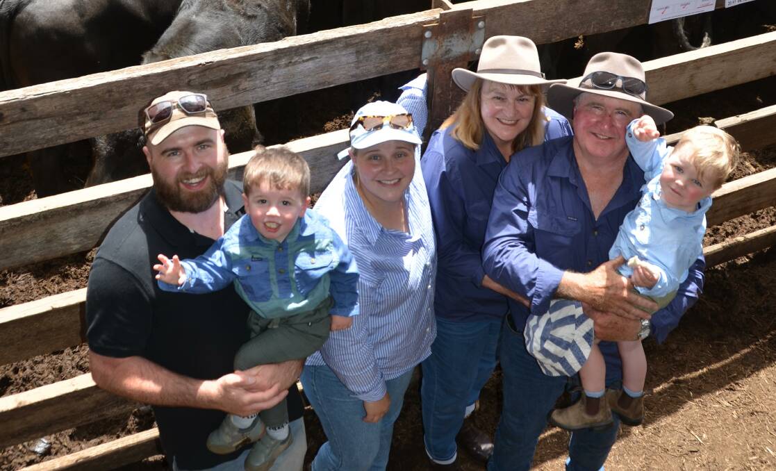Andrew and Cooper, 2, Cameron, Eloise Brumby, Susan and Roland Cameron and Fletcher Brumby, 2, Athlone South, Penshurst, sold 331 steers, 9-10 months, at Hamilton's all breeds weaner sale on Tuesday, recording an average weight of 340kg across the draft. Picture by Bryce Eishold