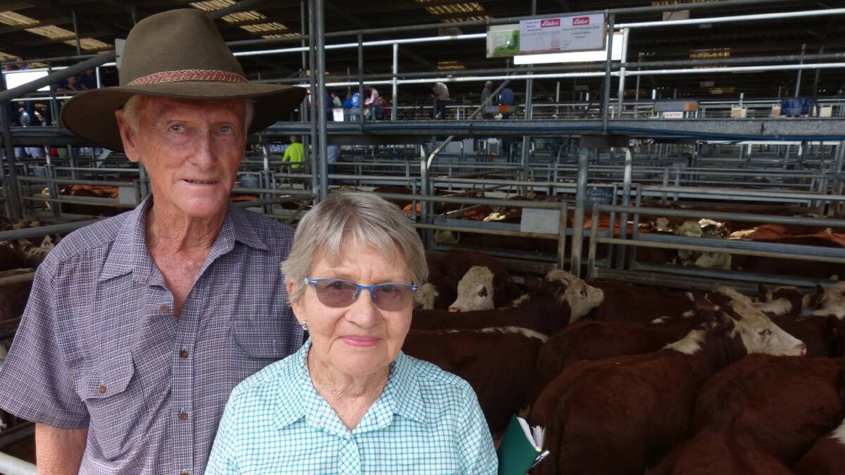 EARLY SALE: Evan and Dot Newcomen, Ensay, sold 170 Hereford steers including their best pen of 18, 353kg, for $1290 or 365c/kg at Bairnsdale in January.
