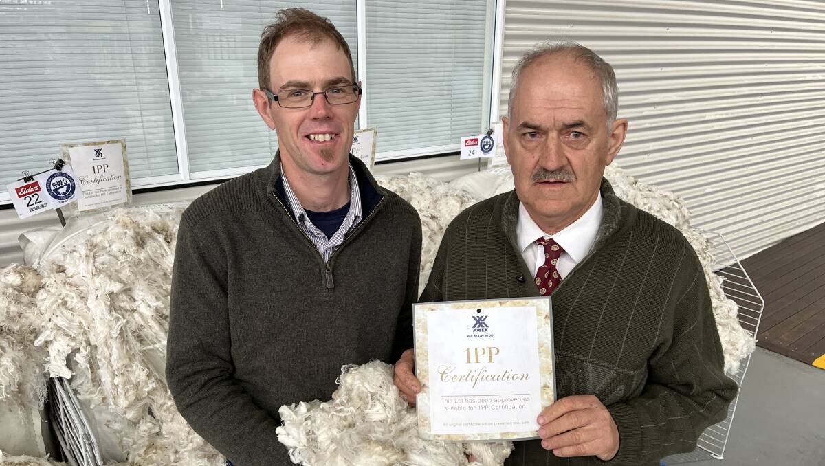 FATHER AND SON: Merino woolgrowers Matt and Everard Linke, Tarrington, sold four bales of 1PP wool in Melbourne on Monday.