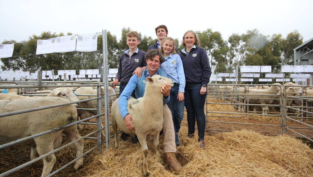 Rupert, Chris, Harry, Bridie and Kate Dorahy, Cloven Hills, Nareen, with Lot 20, purchased via syndicate by Chrome sheep stud, Hamilton, Ela Matta Pastoral, Kangaroo Island, SA, and Days Whiteface, Bordertown, SA for $10,400. Picture by Holly McGuinness