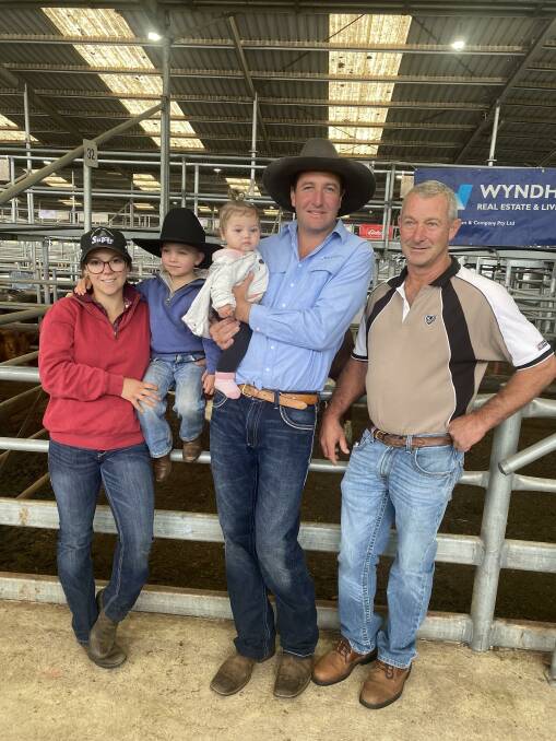 Amber, Xavier, 3, Tessa, 11 months, and Chris Connley, Benambra, and Amber's father Geoff Rendell, Swifts Creek. The Connleys donated a steer to raise funds for the Royal Children's Hospital. Picture supplied
