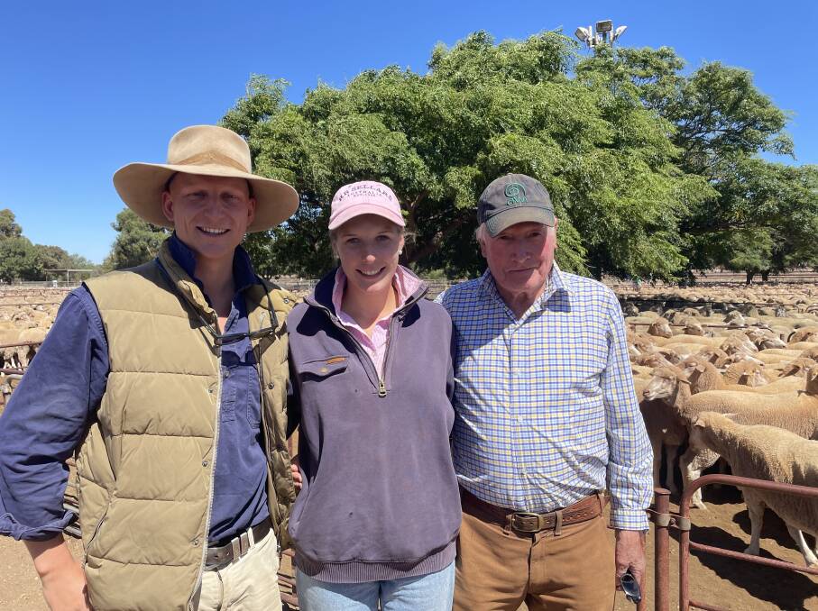 Siblings James and Georgie with their grandfather Glan Lines, Gum Hill, Mount Bryan, SA, attended the recent Jamestown, SA. sheep market. Picture by Kiara Stacey