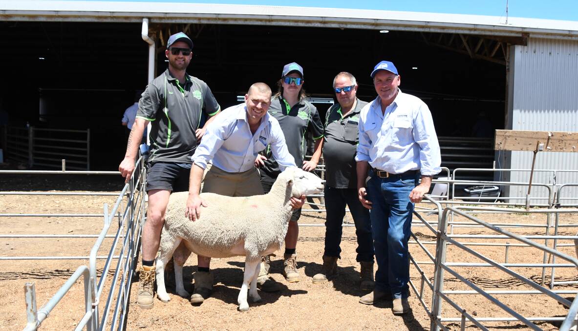 Volume buyers Ricky Glare and Matt and Trevor Fry, Vine Banks Pastoral, Broadwater, with Carl Anker (holding Lot 1) and Matt Tonissen, Chrome, Hamilton. Picture by Jess Sharp