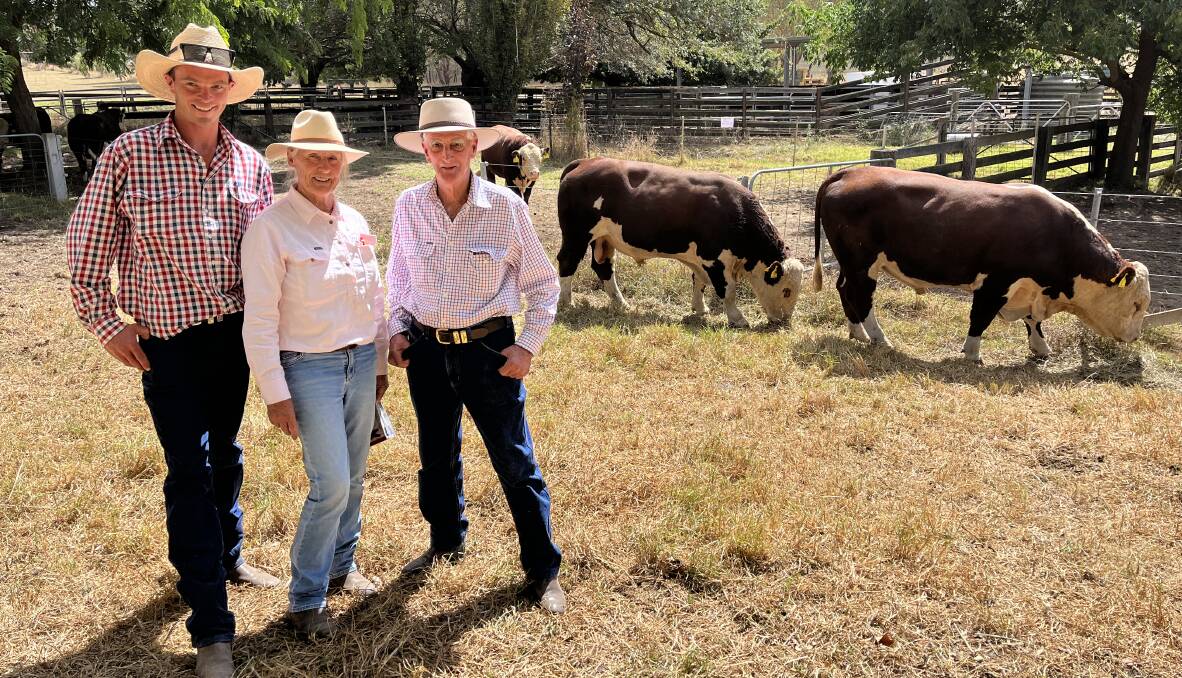 Newcomen Herefords stud master Tom King, volume buyer Penny Barry, Bindi Station, Bindi, and Newcomen Herefords stud principal Barry Newcomen. Bindi Station bought seven bulls to a top price of $8000 three times, including Lot 10 and Lot 5 (pictured).