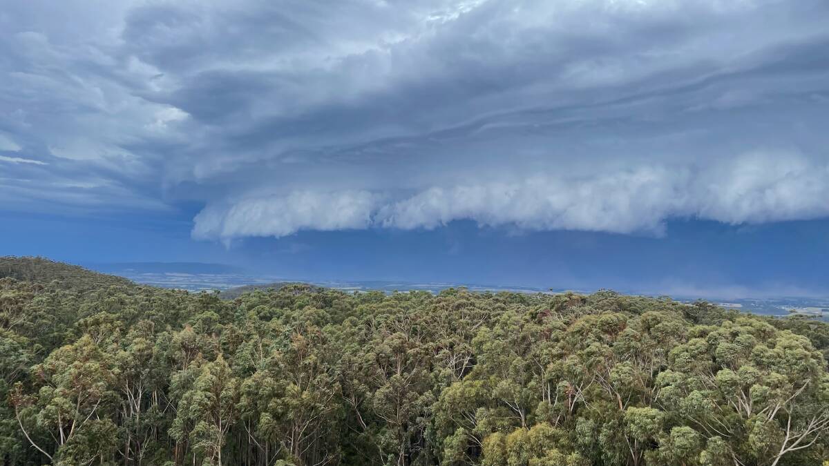 A storm crosses West Gippsland with a view of the dark clouds from the Mount Tanjil Fire Tower. Picture supplied by FFMV
