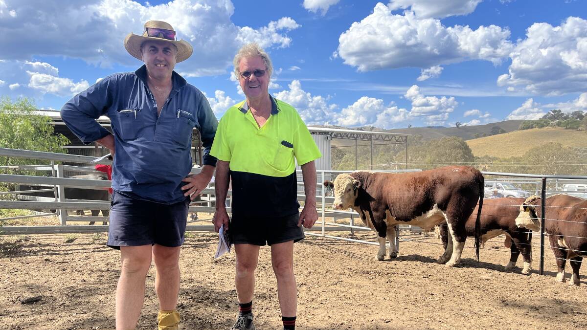 Bill Wyndham & Co stock agent Jake Fullgrabe, Bairnsdale, with Ken Hayward, trading as John Hayward & Partners, Ensay, who purchased Lot 26 for $11,000.