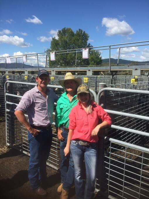 LINE: Glen, Paul and Meg Chalwell, Bowman's Forest, sold Alpine Angus sired calves at the Elders Myrtleford sale on Friday.