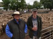 Father and son Andrew and Matt Arbauckle, St Arnaud, sold 198 Merino ewes, June/July 2022-drop, August-shorn, for $130 at Wycheproof. Picture by Alastair Dowie