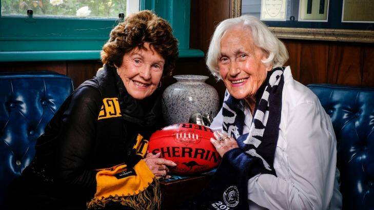 Vivienne Kerr (right) widow of Carlton legend Laurie Kerr, with Maureen Hafey, widow of Richmond great Tommy Hafey pictured together in 2016. Picture by Eddie Jim