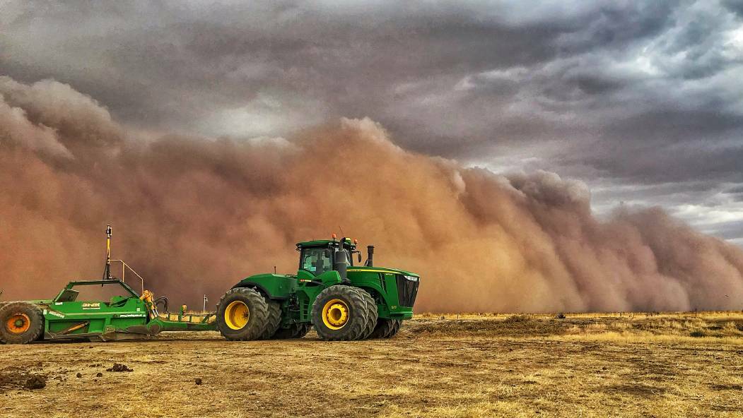 DUSTY: Photographer and farmer Drew Chislett took this spectacular panoramic shot of the dust storm as it blew through Durham Ox last year.