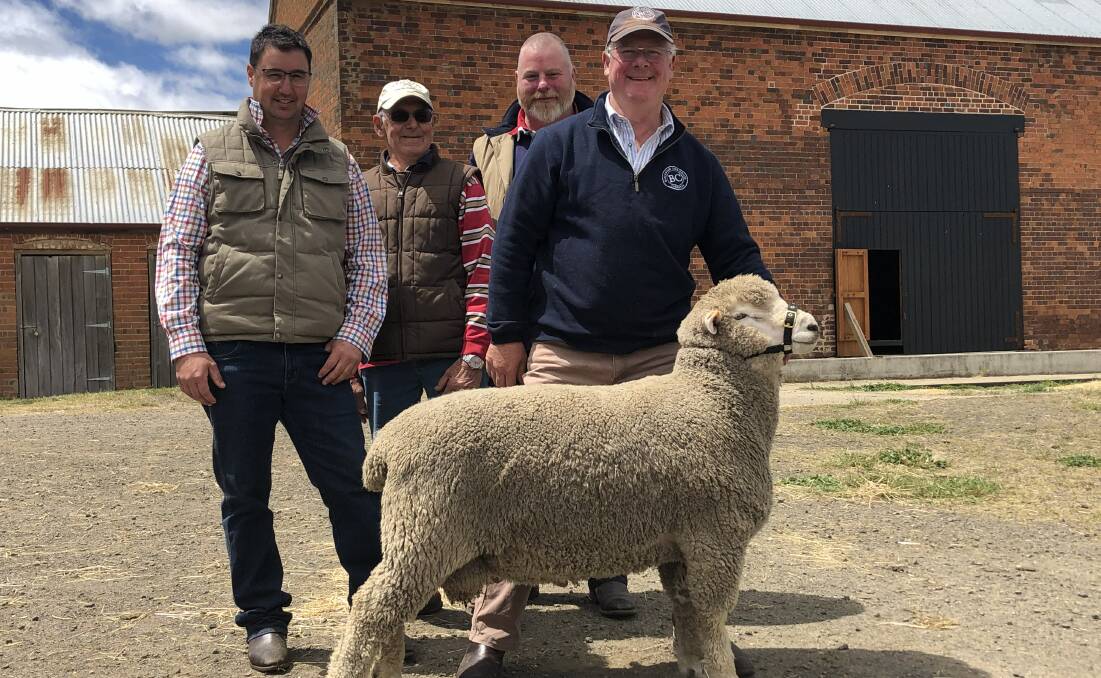 PICK OF THE BUNCH: Gordon and Peter Last and Paul Bourke, Garvald Vale, Hamilton, and Blackwood Corriedales stud principal Peter Blackwood holding the top-priced $4200 ram. 