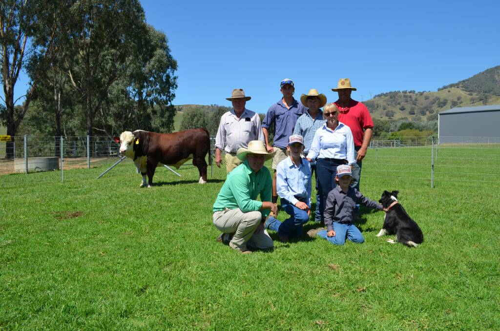 Robert, Marcus and Scott Reid, Reid Trust, Howlong, NSW, Serena, Andy, Layne and Mackinley Klippel, Sugarloaf Creek, Towong, with Peter Godbolt, Nutrien Stud Stock, and Zoe the Border Collie with the top-priced bull. Pictures supplied