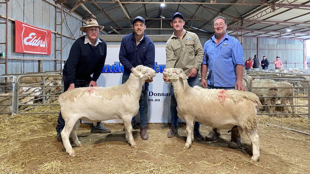 Brendon Duncan, Wentworth, NSW, with the $7500 and $7000 top-priced UltraWhite rams he purchased, and Joel, Trent and Andrew Donnan, Anden.