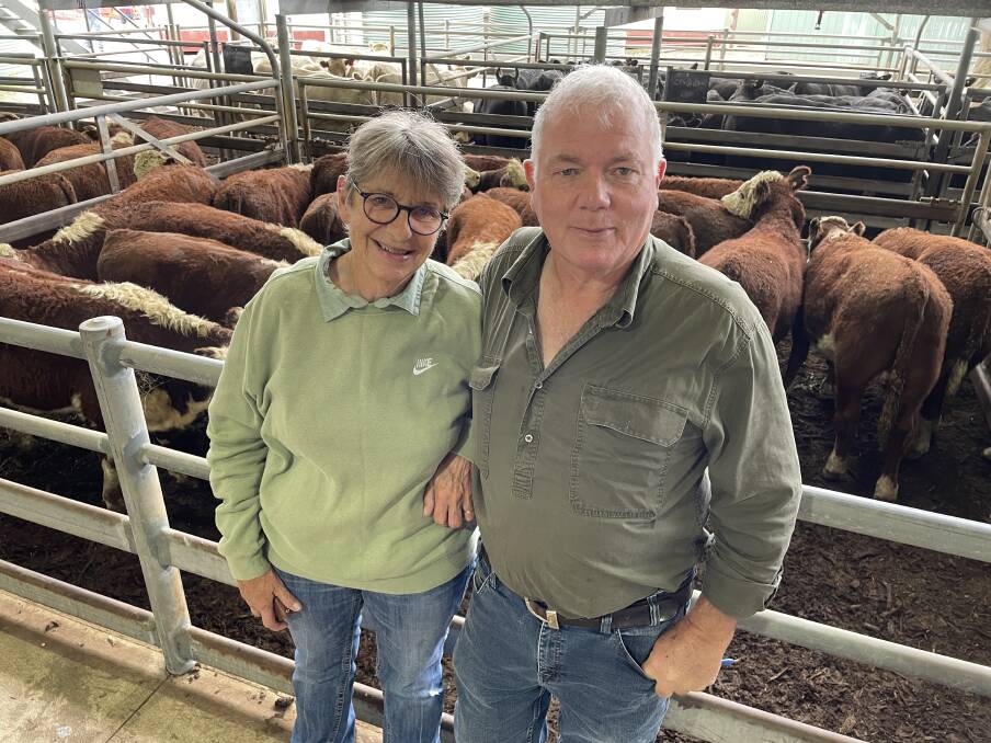Janine and Chris Cooper, Wulgulmerang, sold 65 Hereford steers, 9-11 months, including this pen of 18 steers, 329kg, for $1320 or 401c/kg. Picture by Bryce Eishold