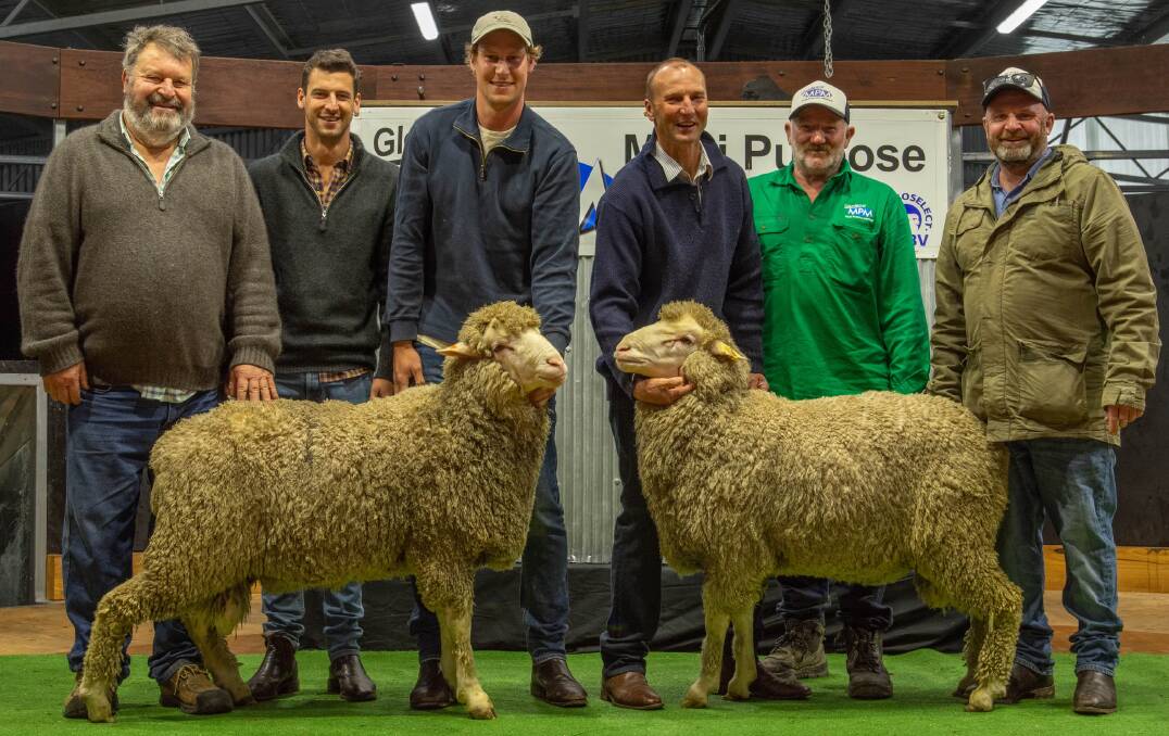 Dean, Henry and William Goodes, Barooka, Kingston SA, Dean Trotter, Perillup Estate, WA, and Glendemar MPM manager Dave Smith and principal Ben Duxson, Marnoo, with the two top-priced Merino rams.