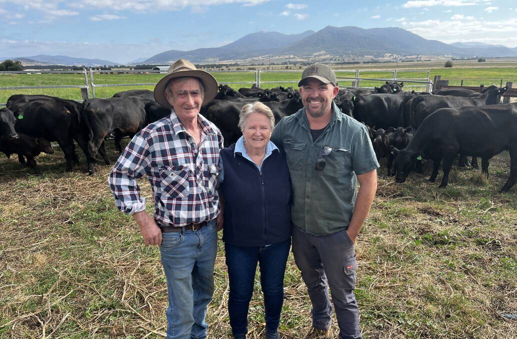 RENOWNED BREEDERS: Louis and Sharon Pendergast with son Stuart Pendergast, Benambra, will sell 600 calves at the Mountain Calf Sales in March, including 300 mixed-sex Angus weaners in Omeo. They are pictured with first-calving heifers and next year's crop of weaner calves at foot.