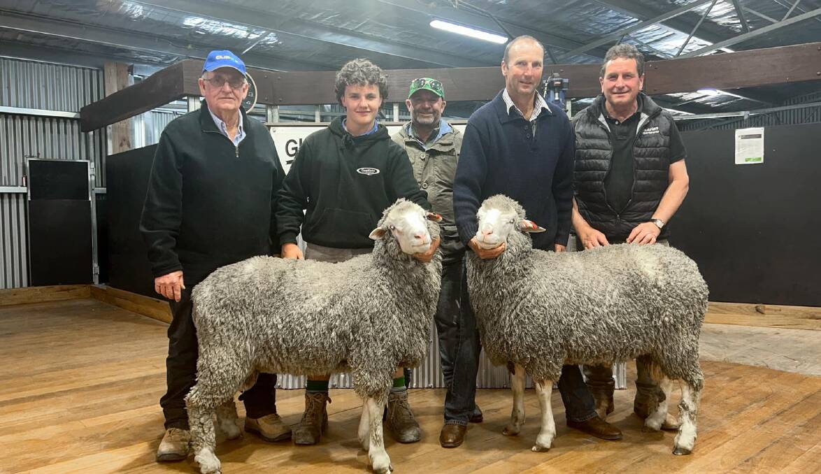 Ken, Jimmy and Ben Duxson, Glendemar, Kanya, Dean Trotter, Perillup Estate, Rocky Gully, WA, and Nutrien agent Damien Drum with Mr Trotter's two rams, including the top-priced lot of the sale for $16,000. Picture supplied