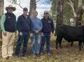 Nutrien Stud Stock southern region manager Peter Godbolt, Pinora Angus stud co-principal John Sunderman, Dawson, top-priced bull buyer Michael Bracecamp, Berrys Creek, and agent Zac Redpath, SEJ Leongatha, with the top-priced Angus bull. Picture supplied