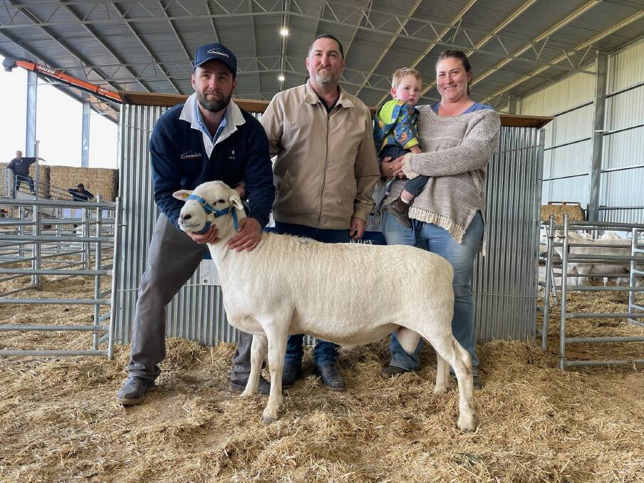 Gamdale Australian White stud principal Ben Rowney, Lascelles, with Rod and Cindy Hannemann, Cleve, SA, with Jack, 2, who bought the second top-priced ram for $25,000 along with 18 scanned-in-lamb ewes at the September sale.