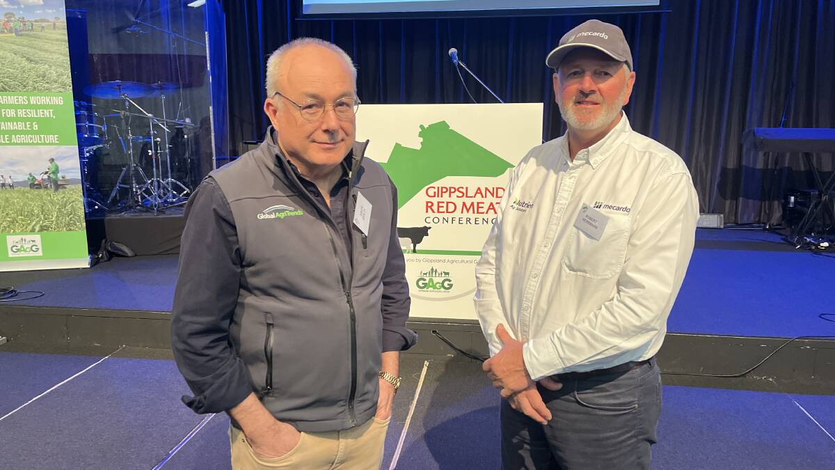 Global Agritrends managing director Simon Quilty and Nutrien and Mecardo market analyst Robert Herrmann spoke at the annual Gippsland Red Meat Conference in Sale. Pictures by Bryce Eishold