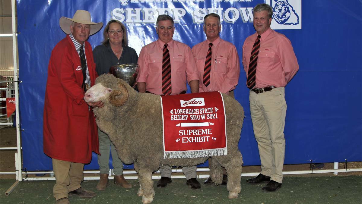 GONG: Nigel and Rosemary Brumpton, Mt Ascot Merino stud, Mitchell, Qld, holding the supreme exhibit of the 2021 Queensland State Sheep Show, along with Elders representatives Bruce McLeish, Duncan Ferguson and Peter Sealy.