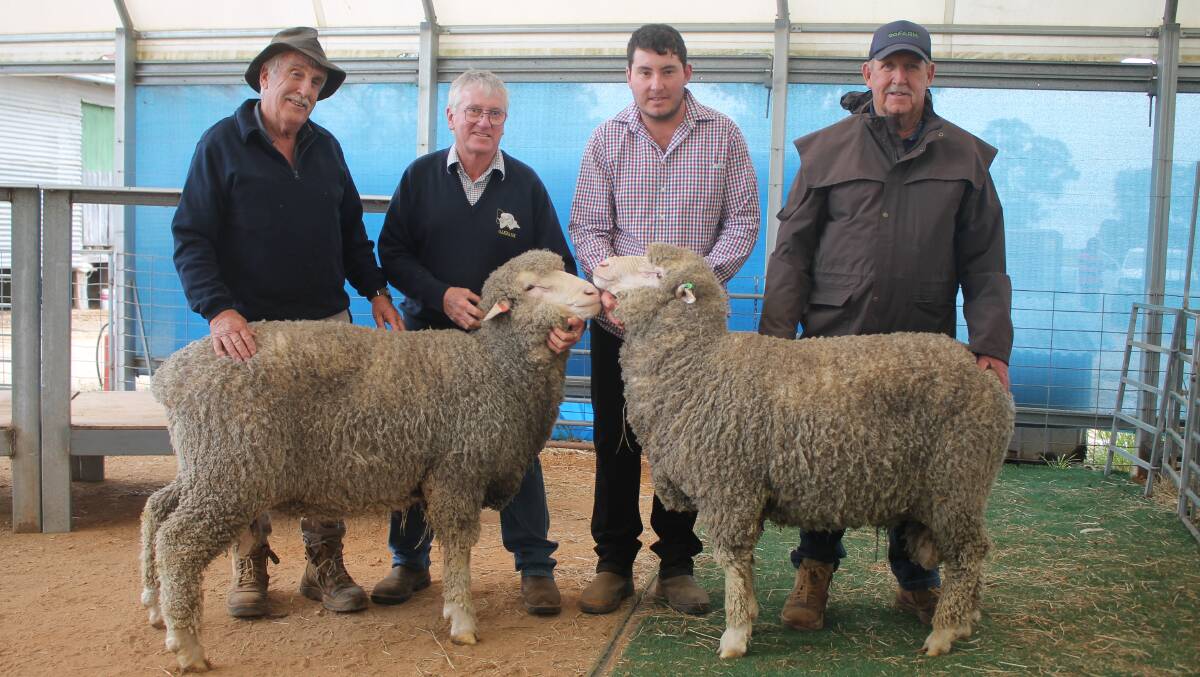 The top two lots at the sale were sold to Wayne Jones, Donald, for $6000 and $5000, respectively. He was pictured with Warren and Jack McCrae, Oakbank, Gre Gre North, and Geoff Brown, Donald, who works with Mr Jones. Picture by Philippe Perez