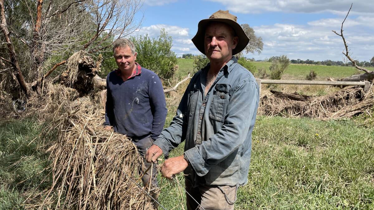 Newry dairy farmers Tim Dwyer and Peter Neaves had their farms flooded in October after 58,000 megalitres was released from Lake Glenmaggie. Picture by Bryce Eishold