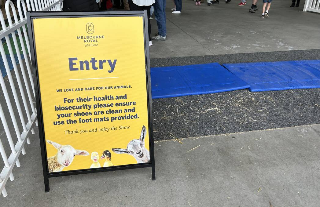 Disinfection foot mats were set up at the Melbourne Royal Show this year in an attempt to prevent the spread of biosecurity hazards. Picture by Joely Mitchell.