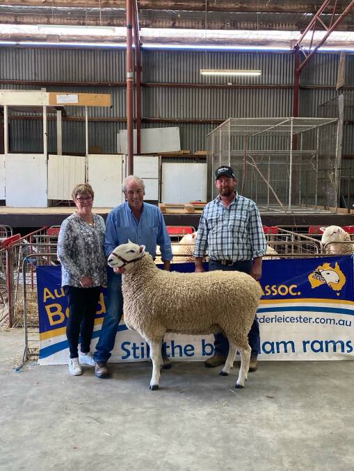 TOP: Heather and Ian Baker, Geraldine Border Leicester stud, Clydebank, with top-priced buyer Jamie Buerckner, Bauer Border Leicester stud, Ariah Park, NSW.
