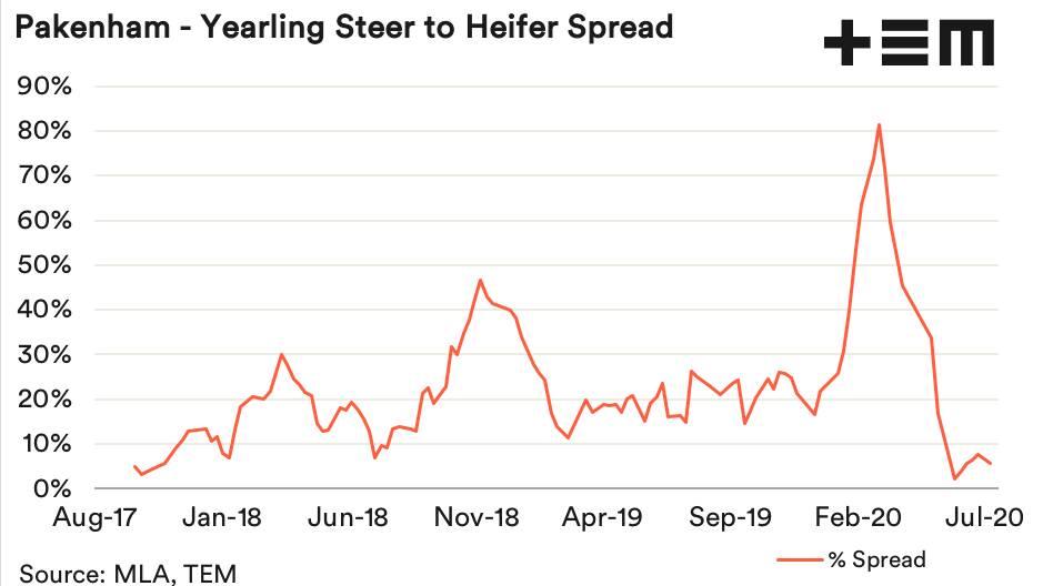 GRAPH: The spread or price difference between yearling steers and heifers sold at Pakenham. Graph by Thomas Elder Markets.