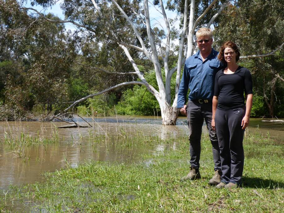 IN FLOOD: Kilmany dairy farmers Frankie and Fiona Mills stand beside the Latrobe River during a minor flood last week.