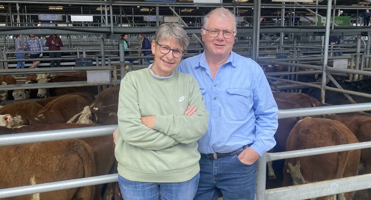 Chris and Janine Cooper, Wulgulmerang, sold Hereford steers to a top price of $1160 at Bairnsdale. Picture supplied