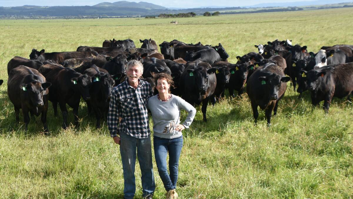 COASTAL VIEWS: Sandy Point farmers David Pilkington and Frances Toohey will sell 100 autumn-drop Angus steers at Leongatha in early 2022.