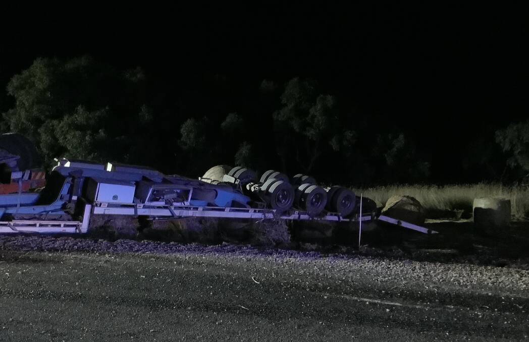A prime mover carrying hay bales rolled on Thursday night near Skipton with police saying the driver was 'extraordinarily lucky' to escape with only minor injuries. 