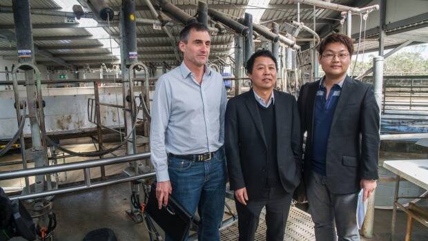 Former CEO of VDL Farms, David Beca, with Moon Lake chairman Lu Xianfeng and Moon Lake managing director Sean Shwe during a farm visit in 2016. Photo: Supplied
