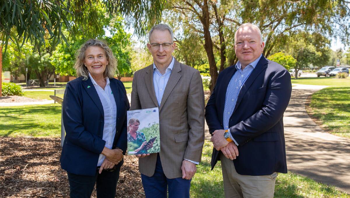 National Farmers' Federation president Fiona Simson, Communication Minister Paul Fletcher and NBN regional and remote chief development officer Gavin Williams at the launch of the Connecting Australian Agriculture paper.