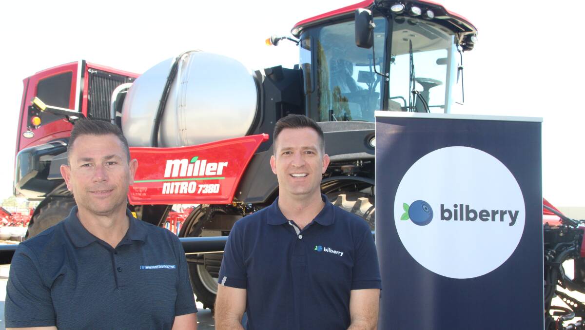 Miller Australia national sales manager Peter Vella and Bilberry Australian sales manager Josh Johnson. Mr Johnson said they havent had a green-on-green system on front-mounted booms before, so it was a quite exciting move. 