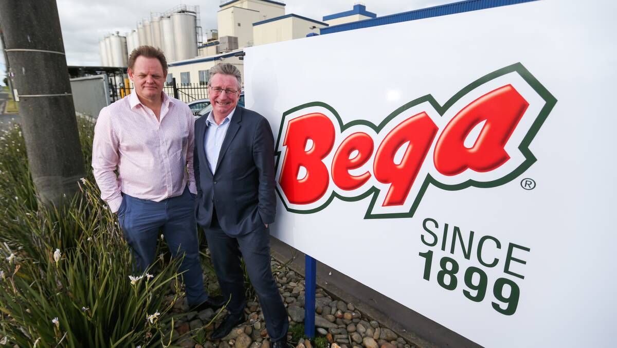 KOROIT DELIVERS: Bega CEO Paul van Heerwaarden and Bega Cheese chair Barry Irvin outside Bega's Koroit plant that has helped deliver returns to the business. Picture: Morgan Hancock