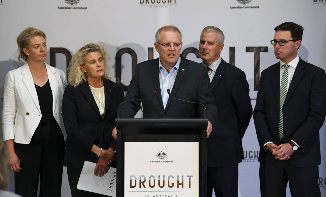 PM Scott Morrison speaks to the media during a press conference at the National Drought Summit at Old Parliament House in Canberra. Photo by Lukas Coch.