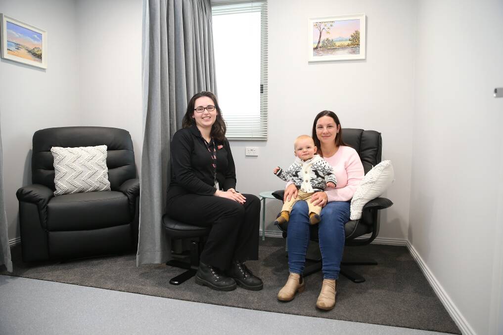 EMBRACING CHANGE: Bega quality operations officers Nichaela King and Emma McElgunn, with her son Fred, 9 months, at the new breastfeeding room at Bega, Koroit. Photo by Mark Witte.