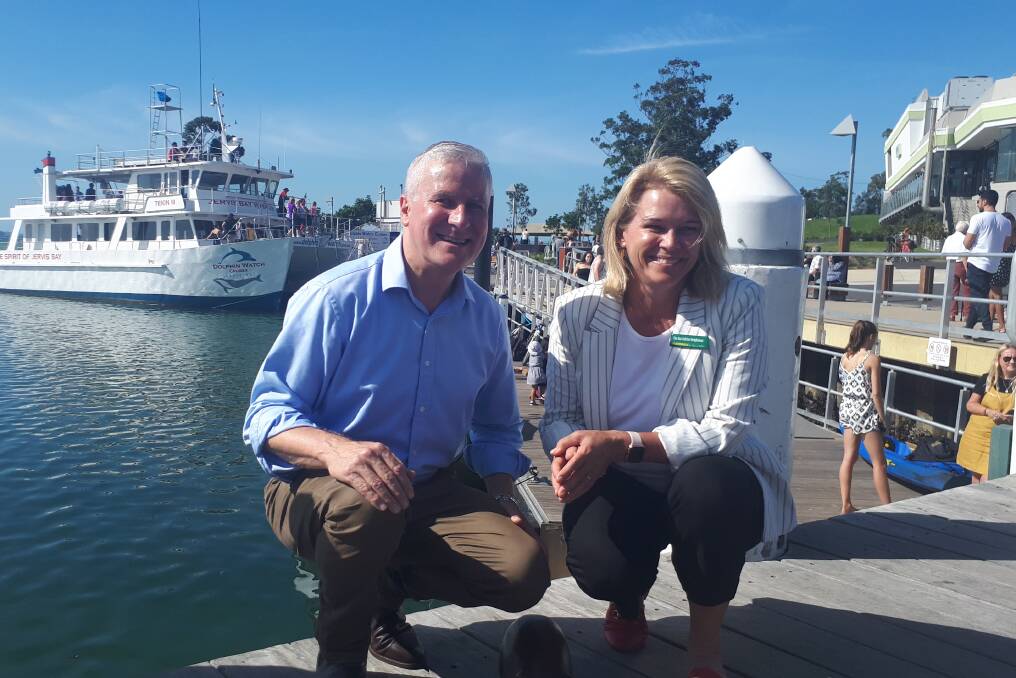 Deputy PM and Nationals Leader Michael McCormack on the campaign trail with Nats Gilmore candidate Katrina Hodgkinson at Huskisson Wharf, in Jervis Bay.