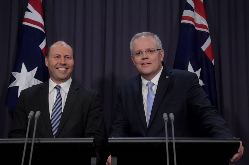 Prime Minister Scott Morrison and Deputy Liberal Leader Josh Frydenburg at their first press conference in their new roles this afternoon. Photo Sam Mooy