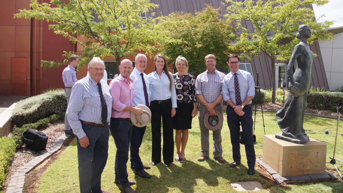 Griffith Mayor John Dal Broi, Niall Blair, Michael McCormack, Perin Davey, Sussan Ley, Austin Evans and David Littleproud announce MDBA decentralisation in Griffith.
