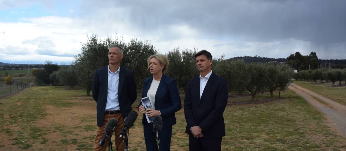 NFF chief executive Tony Mahar, Agriculture Minister Bridget McKenzie, and Energy and Emissions Reduction Minister Angus Taylor announce the clean energy guide at Pialligo Estate, ACT.
