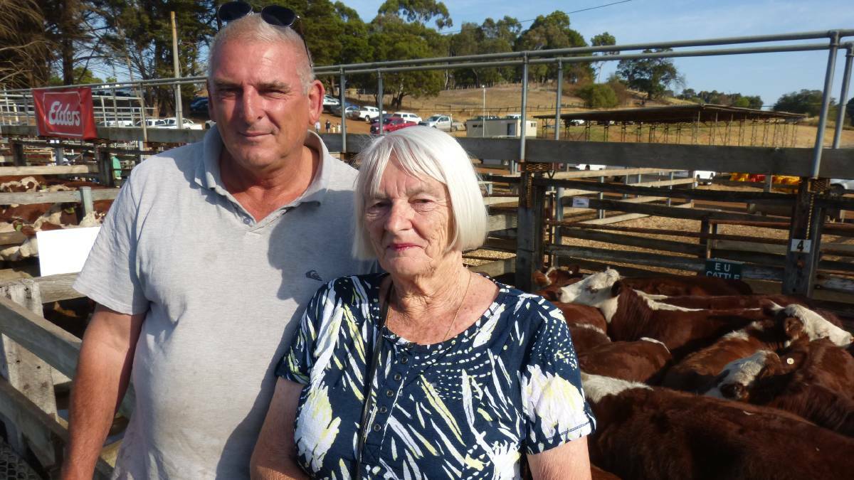 SALE SUCCESS: Dale Sullivan, with his mother Bernice, of Shallum in Casterton, sold 95 steers at the Casterton saleyards in January 2021 to an average price of of 283 cents a kilogram, including a pen of 19 steers weighing 360kg for 318c/kg, or $1144/head.