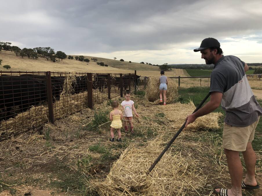 FAMILY AFFAIR: Jordan Zerk, with children Amaya, Francie and Greta, runs 50 Black Angus cows and a Black Angus bull from Rosleigh Black Angus Stud on 140 hectares of dryland pasture area.