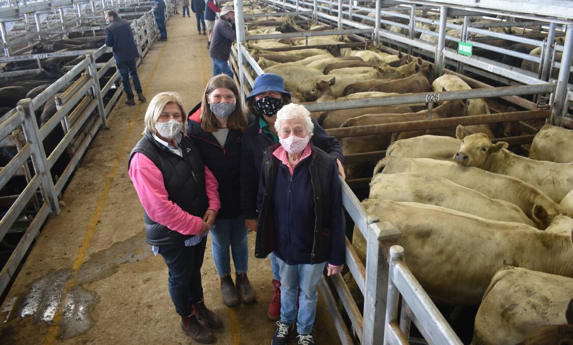 GREENHILLS: Selling around 220 Murray Grey steers at Mortlake was Greenhills represented by Katrina Boyd-Walsh, Charlotte Boyd-Walsh, Sarah Hines, and Kit Boyd, Greenhillls. Photo by Alastair Dowie.